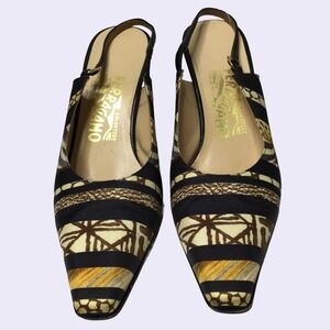 Salvatore Ferragamo Satin‎ Animal Print Slingback Heels - Size 8